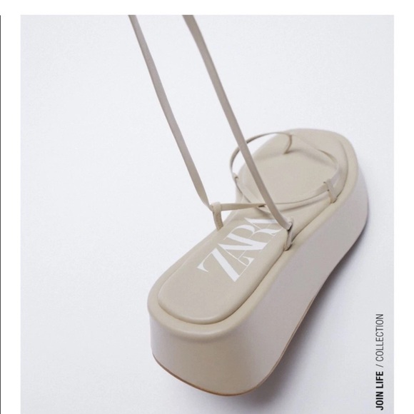 Zara lace up leather nude beige Strappy Platform Sandal shoes flip flop Flatform - Picture 2 of 10